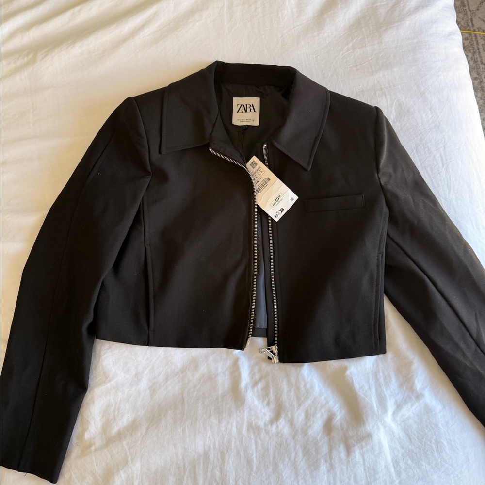 Zara Black Cropped Zip-Front Blazer Jacket